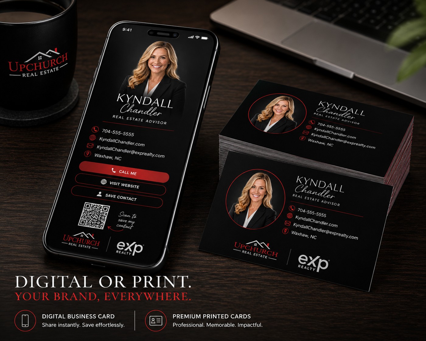 Agent's digital business card on a phone with a save-contact QR code, plus a stack of premium printed business cards, all branded to the agent