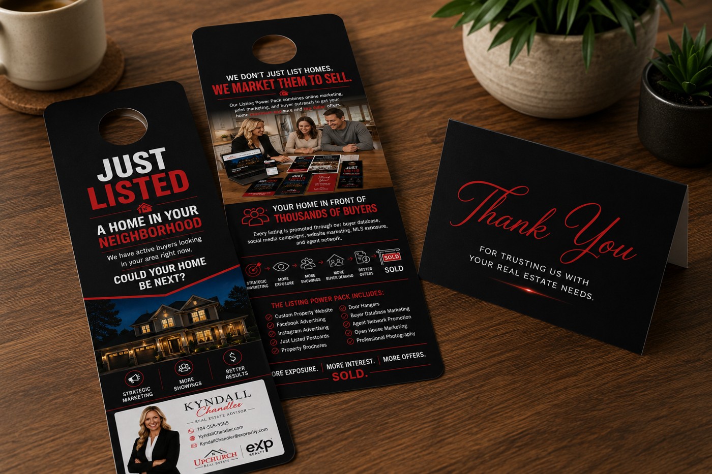 Branded Just Listed / Just Sold door hanger and a Thank You card, both featuring the agent's photo and contact information