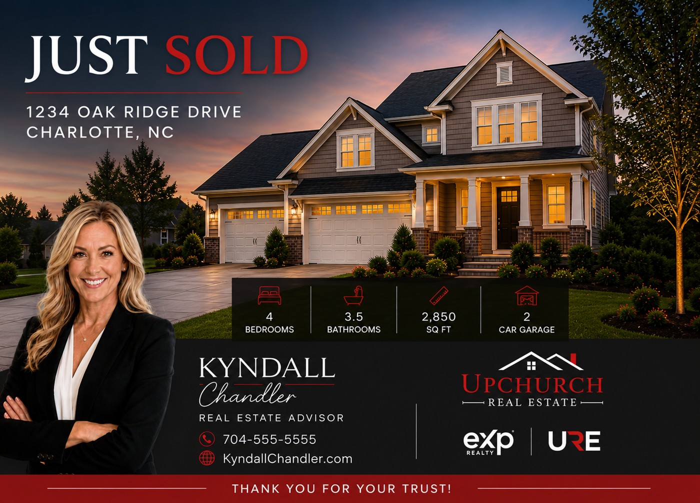 Just Sold postcard branded with the agent's name, photo, phone number and website, featuring the sold home and its property details