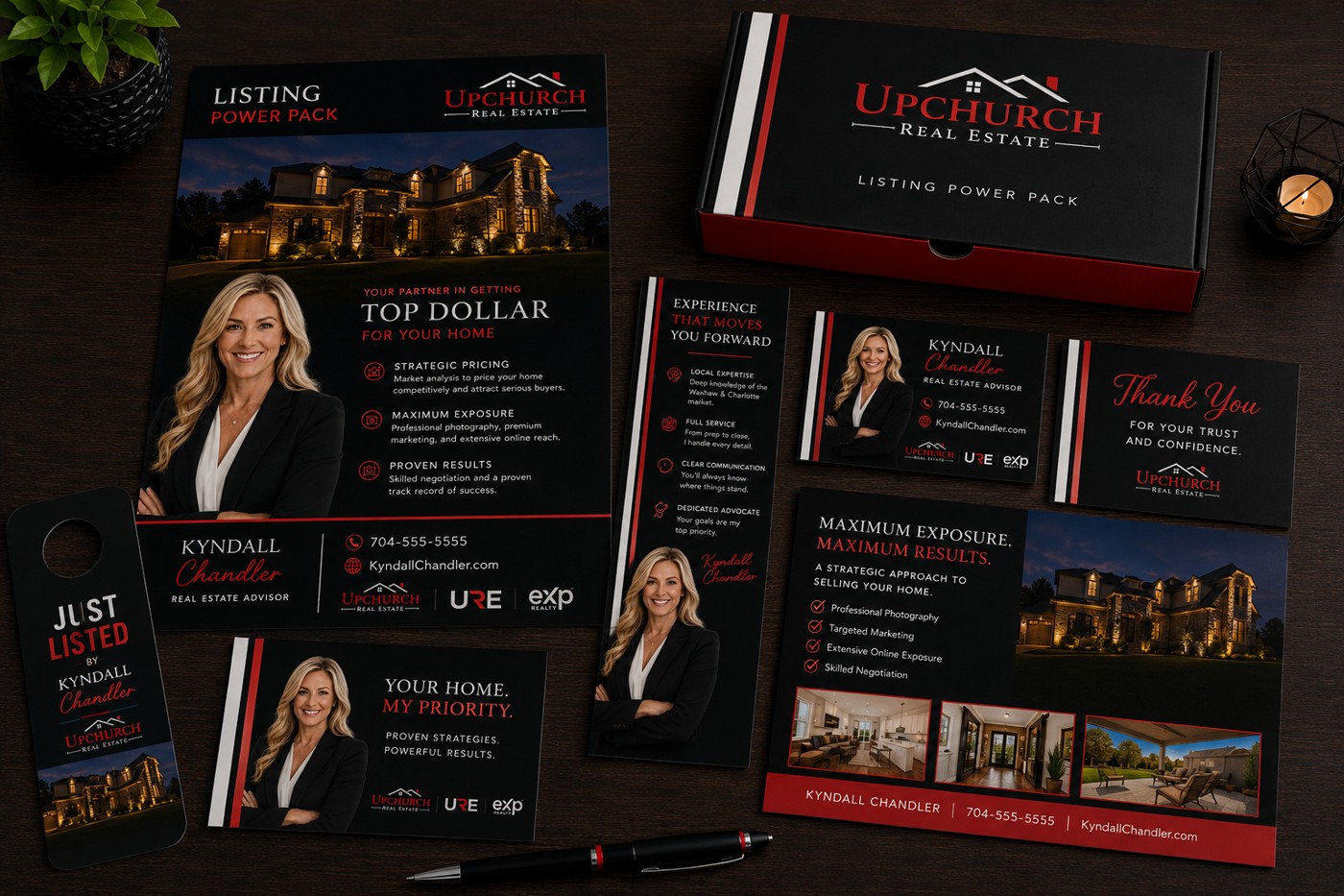 Upchurch Real Estate Listing Power Pack — branded flyers, property brochures, just-listed cards, door hanger, thank-you cards and business cards, all featuring the agent's photo and contact info, shipped in a branded box