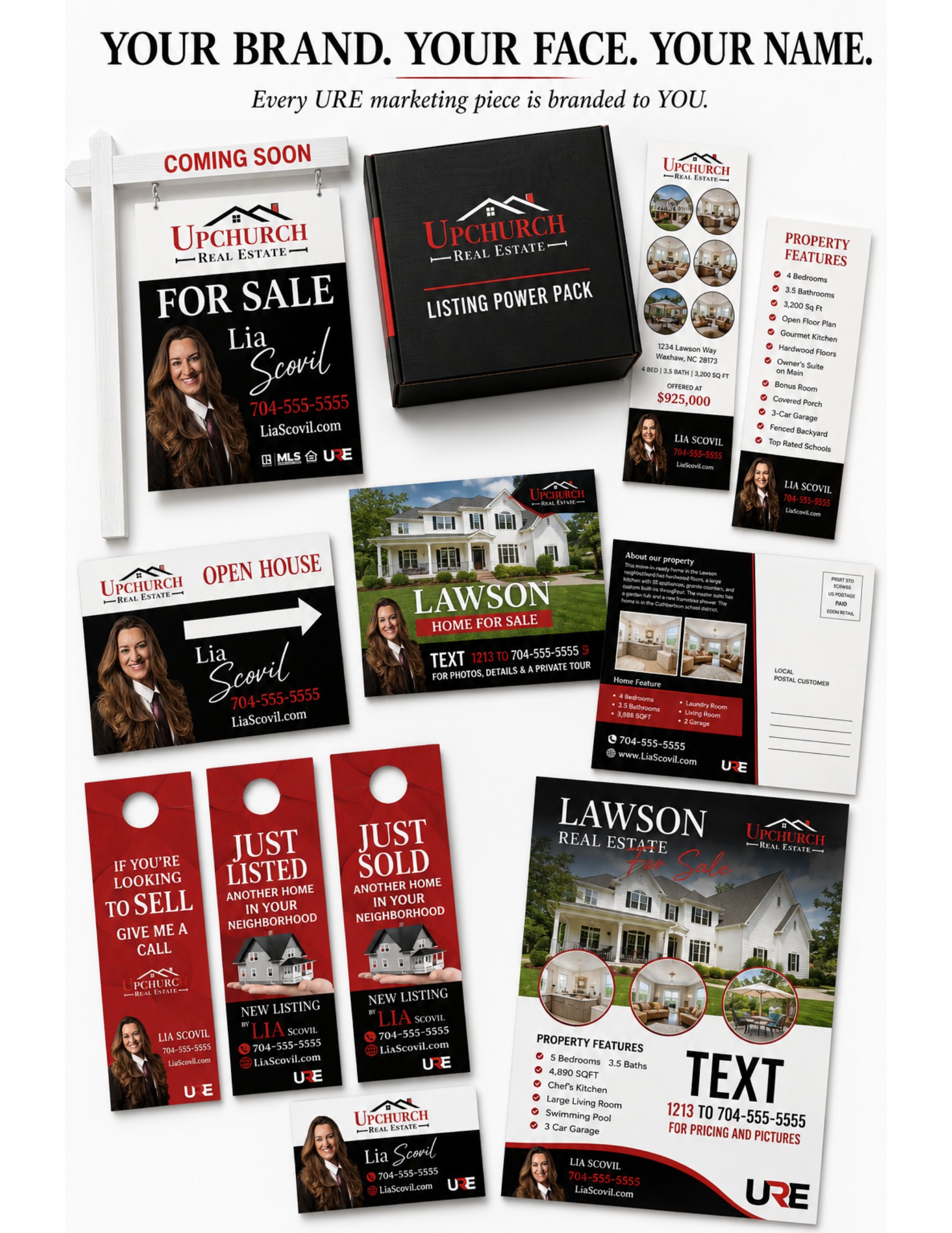 URE branded marketing kit — For Sale yard sign, Open House sign, Just Listed and Just Sold door hangers, postcards (front and back), property brochures, rack cards, 8.5×11 flyer, and the Pre-Listing Power Pack box, all branded with the agent's name and contact info