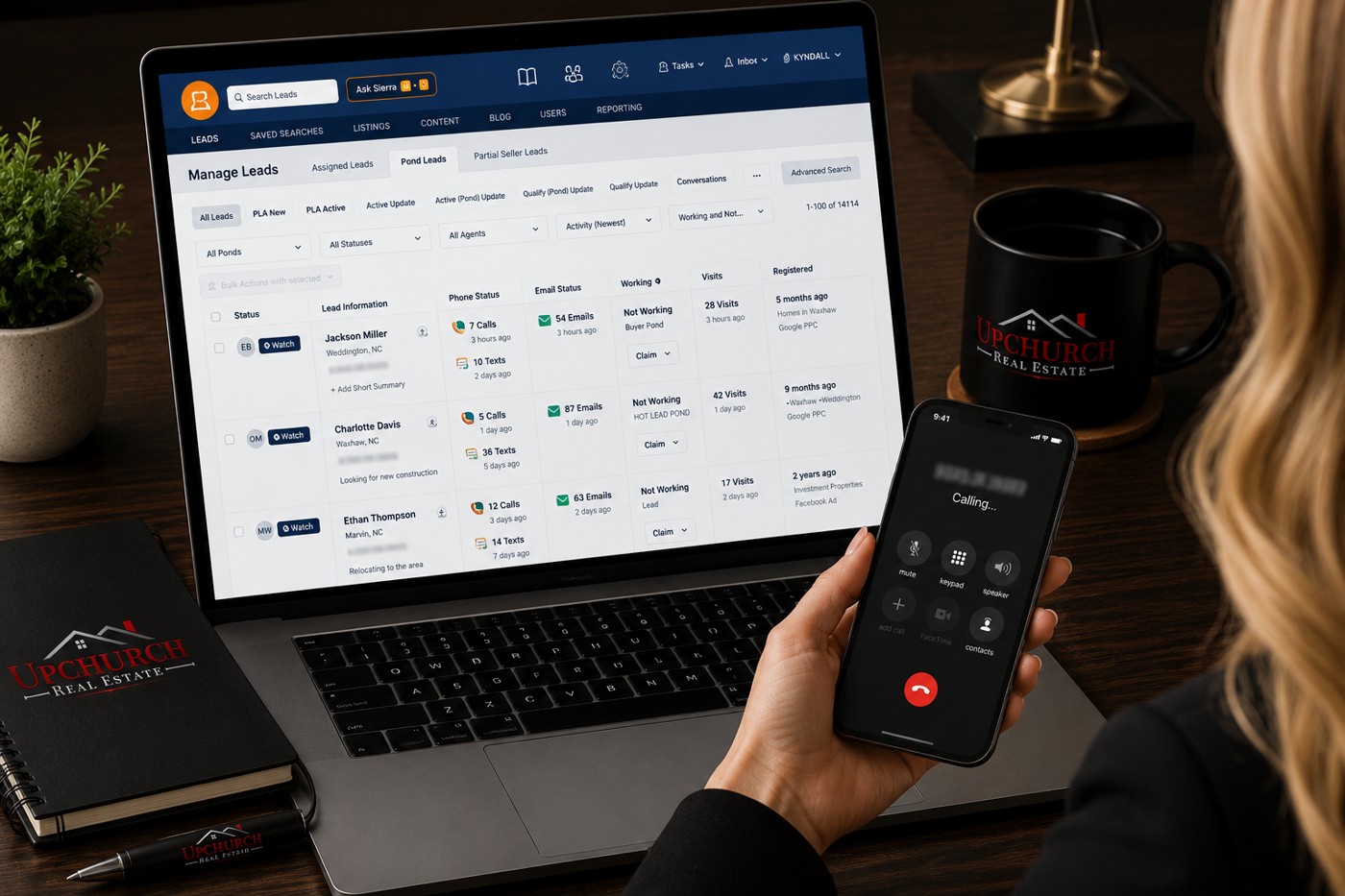 Upchurch Real Estate lead pond inside Sierra Interactive showing 14,000+ buyer and seller leads with call, text, and email activity