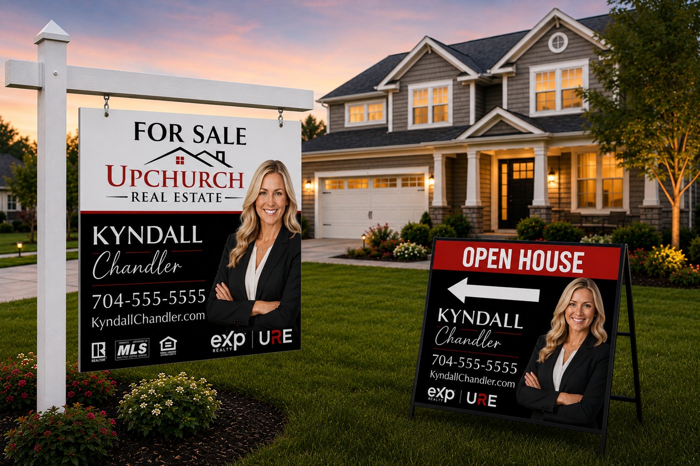Branded Upchurch Real Estate for-sale yard sign and open-house A-frame sign featuring the agent's name, photo and phone number in front of a home at dusk