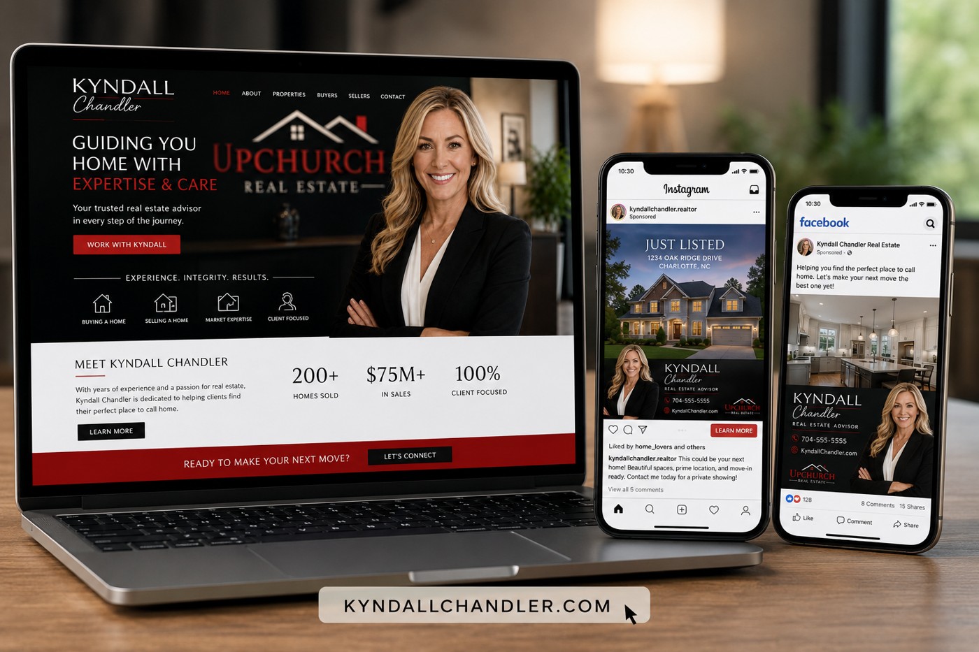 The agent's own branded website on a laptop plus Instagram and Facebook listing posts on phones, all under the agent's name and domain